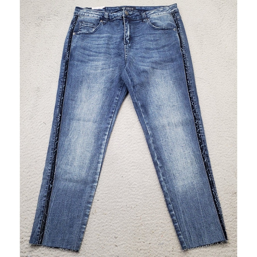Bianco Jeans Womens Size 31 Blue Denim Stretch Whiskered Frayed Hem Straight Leg